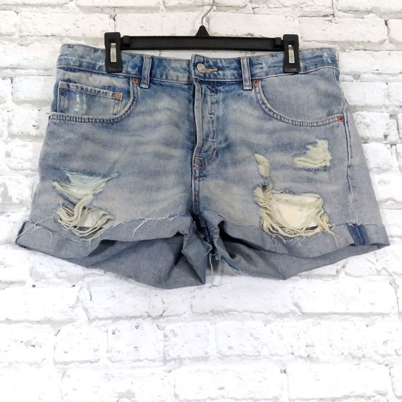 Button Fly Distressed High Waist Denim Shorts